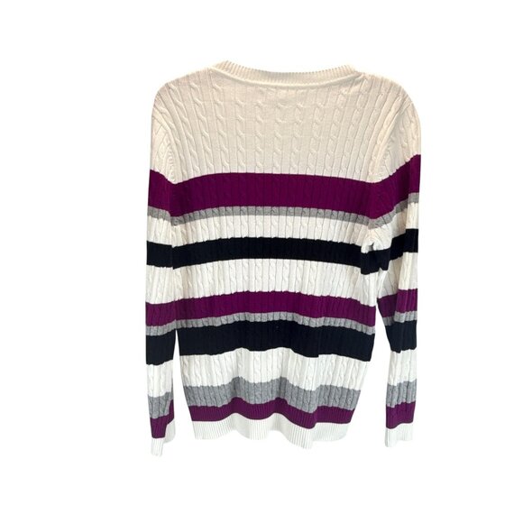 Women's Cable Knit Sweater Stripe Crewneck Long Sleeve Purple Gray Black White L - Picture 4 of 7